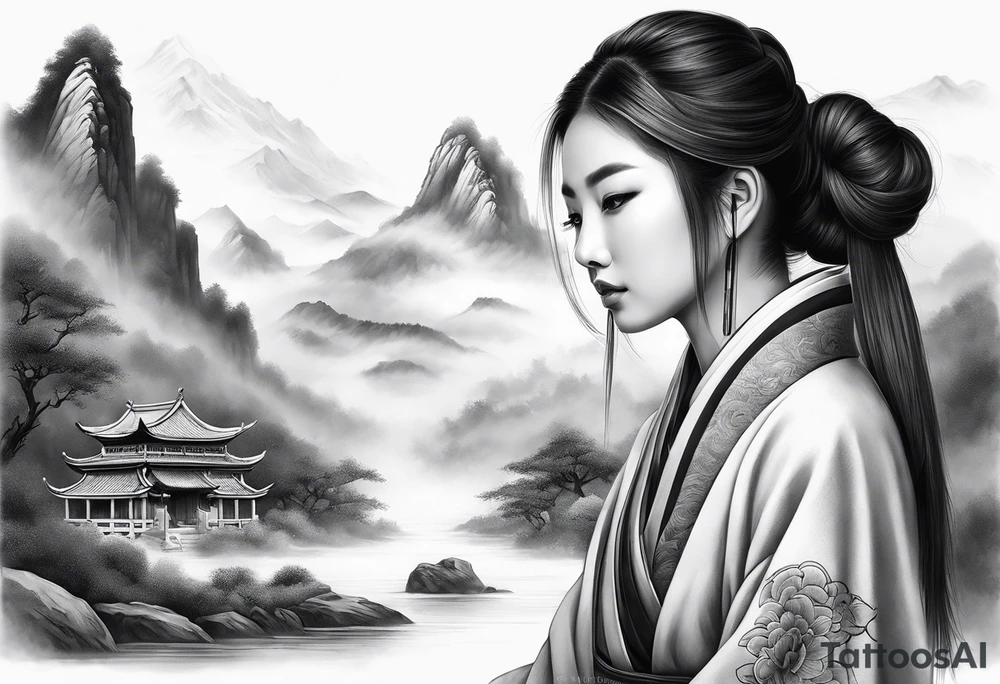 forearm sleeve traditional chinese art painting style autumn mountains mist fog water Chinese temple female with pony tail wearing robes meditating tattoo idea