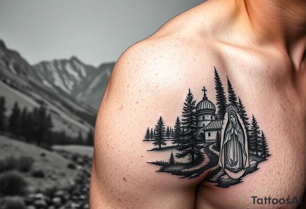 Mountainous valley with creek and a few trees with a Russian orthodox kazan scene covering my shoulder entering my upper arm with a Russian orthodox Virgin Mary tattoo idea