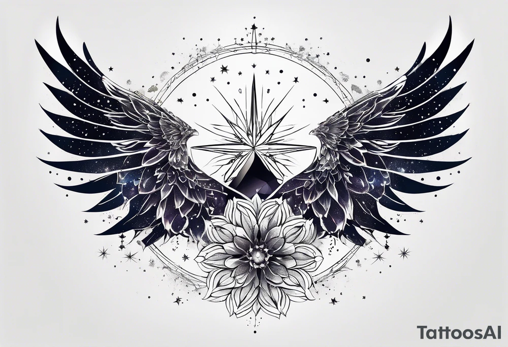Constellation, wing , snow , géométric , flower tattoo idea