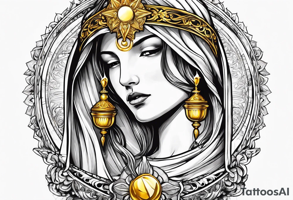holy saint woman turned away with golden halo holding a chalice tattoo idea