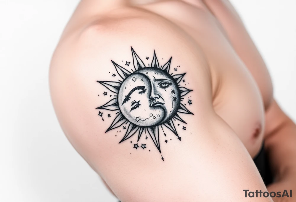 celestial sun and moon embrace with constellation patterns tattoo idea