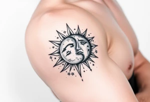 celestial sun and moon embrace with constellation patterns tattoo idea