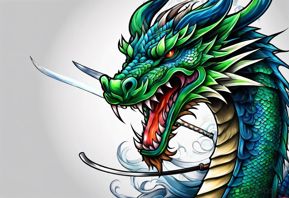 Blue and green dragon around a katana sword tattoo idea