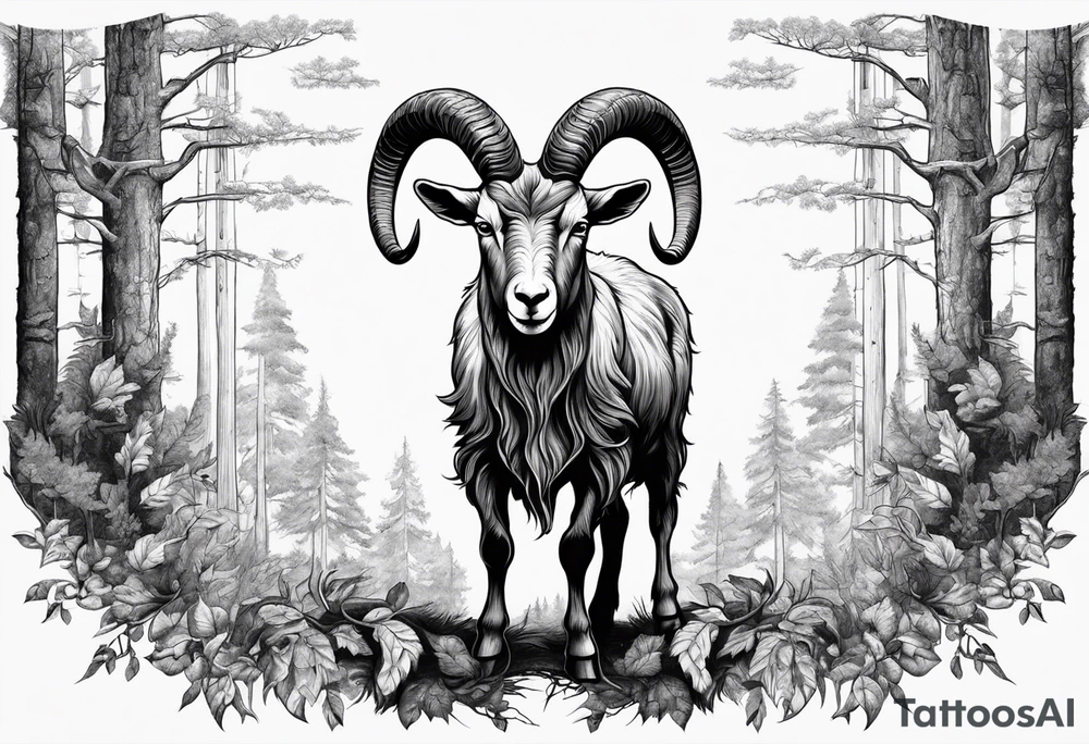Satanic goat with horns (full body) in a forest tattoo idea