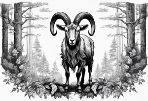 Satanic goat with horns  (full body) in a forest tattoo idea