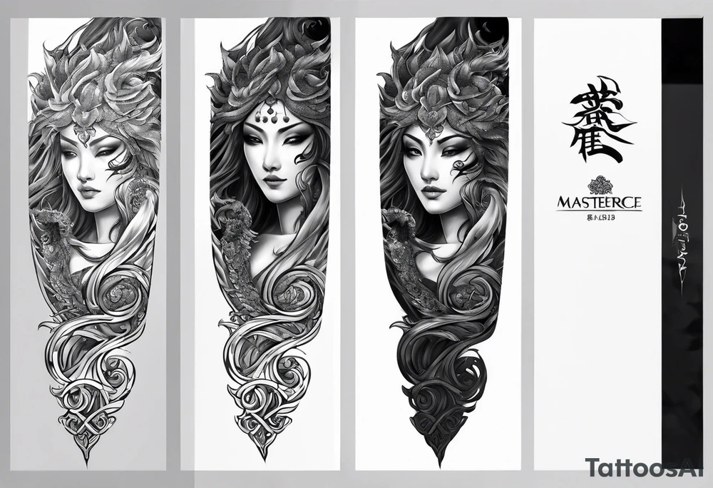 arm sleeve tattoo split into 3 different areas spiraling down the arm. the first area being Based on japanese Mythology. The 2nd one being based on Hindu mythology and the 3rd one being based on celtic mythology tattoo idea
