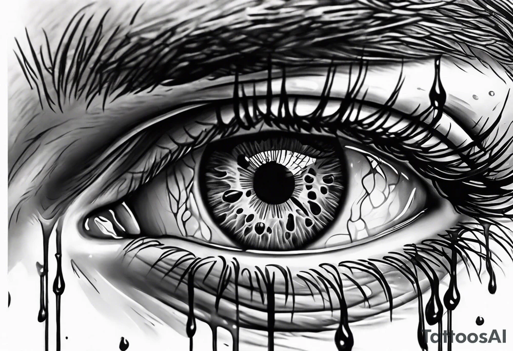 A realistic majestic human eye crying tears of blood with reflection of tragedy and death tattoo idea