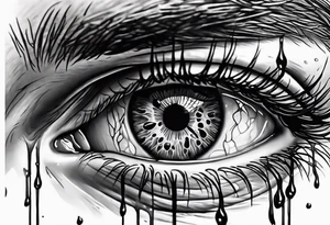 A realistic majestic human eye crying tears of blood with reflection of tragedy and death tattoo idea