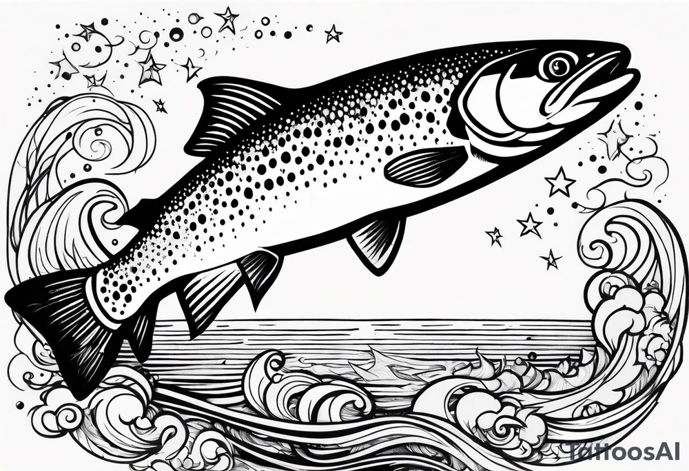 A rainbow trout jumping out of the stars tattoo idea