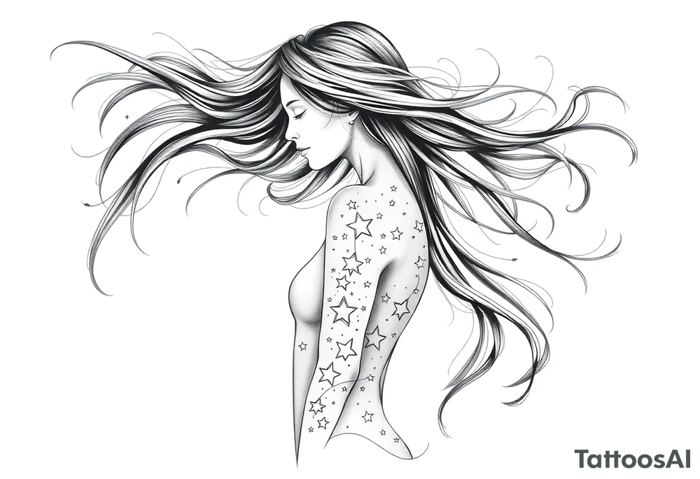 ethereal faceless women body with flowing hair and beautiful celestial stars tattoo idea