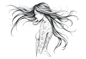 ethereal faceless women body with flowing hair and beautiful celestial stars tattoo idea
