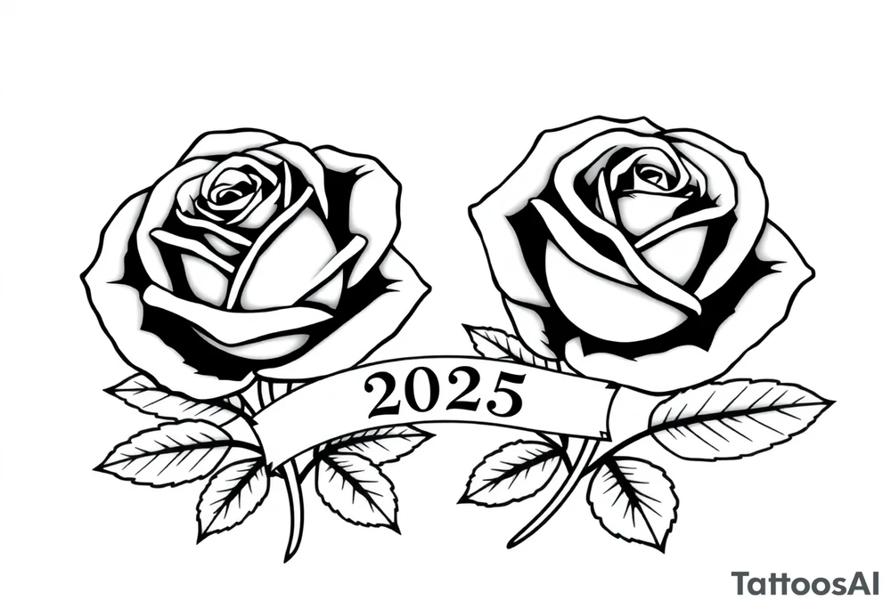 two beautiful large rose buds, one larger than the other, with many leaves next to the rose buds, with one sitting slightly higher than the other, side-by-side.  Include a banner connecting the two roses with the year 2025 on it.   Use dark outlines with little shading. No stems tattoo idea