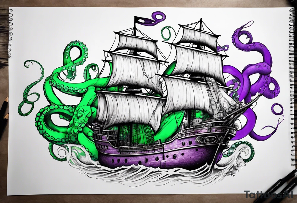 Purple and green octopus breaking ship tattoo idea