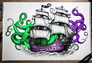 Purple and green octopus breaking ship tattoo idea