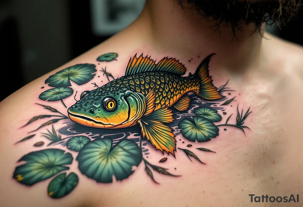 Swamp Guardian Catfish – A dark mossy green and mud-brown catfish resting beneath lily pads and cattails, evoking deep Southern waters. tattoo idea
