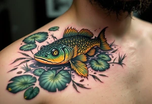 Swamp Guardian Catfish – A dark mossy green and mud-brown catfish resting beneath lily pads and cattails, evoking deep Southern waters. tattoo idea