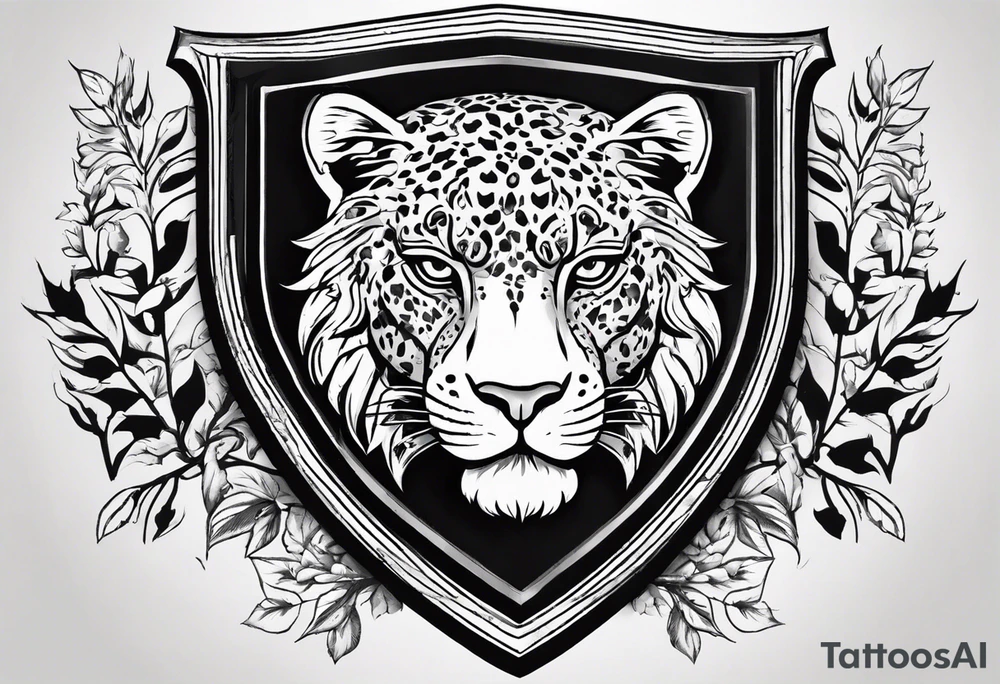 A shield with leopar head as shield's emblem. The shield would be hang on a ivy planted wall tattoo idea