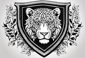 A shield with leopar head as shield's emblem. The shield would be hang on a ivy planted wall tattoo idea