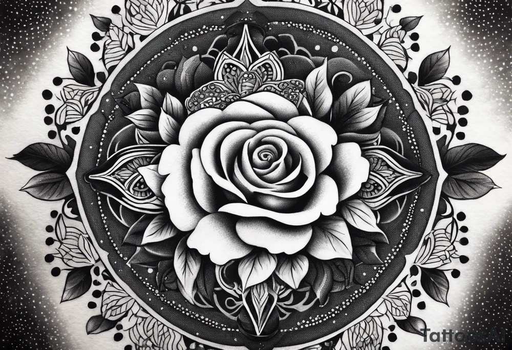 Birds and Roses dot work mandala tattoo idea