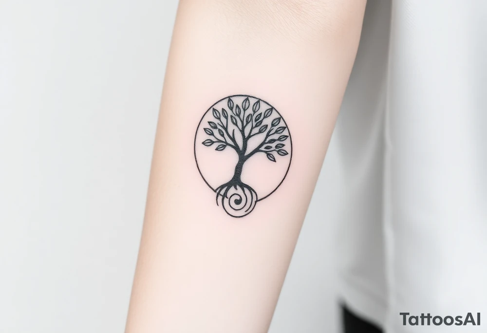 A tree in a circle,
 with fee leaves, with an outward  spiral as its roots tattoo idea