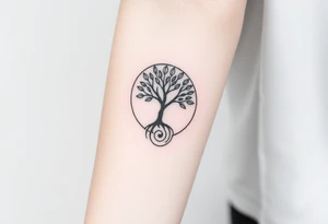 A tree in a circle,
 with fee leaves, with an outward  spiral as its roots tattoo idea