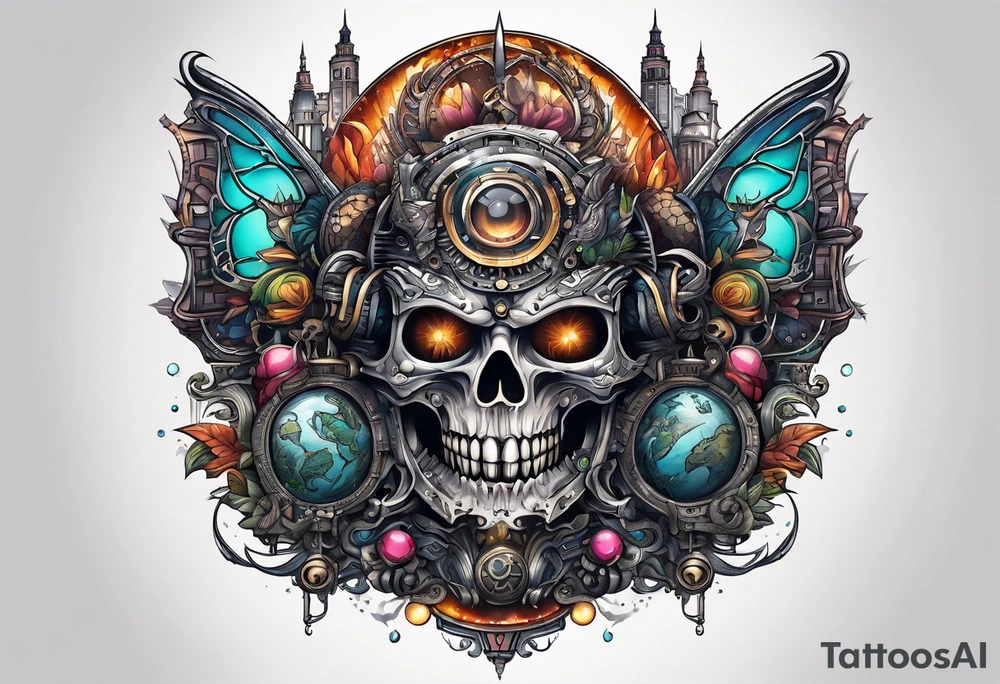 Planet,city,monsters. tattoo idea