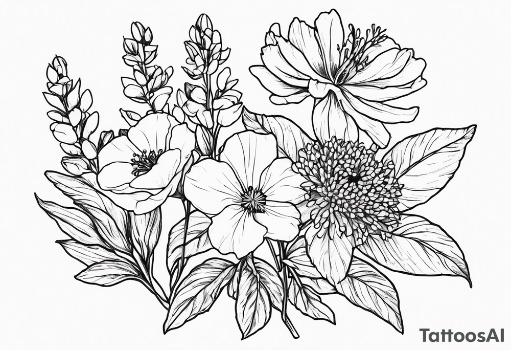 Small, fine line Birth flower bouquet with 2 violets, 3 larkspur, 2 aster tattoo idea