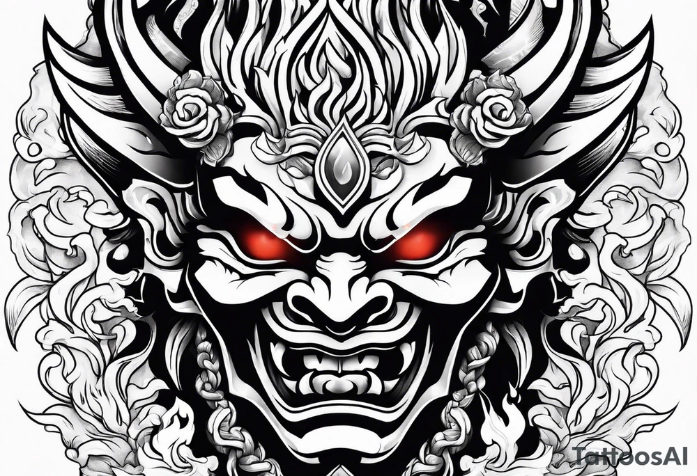 Oni mask on flame tattoo idea