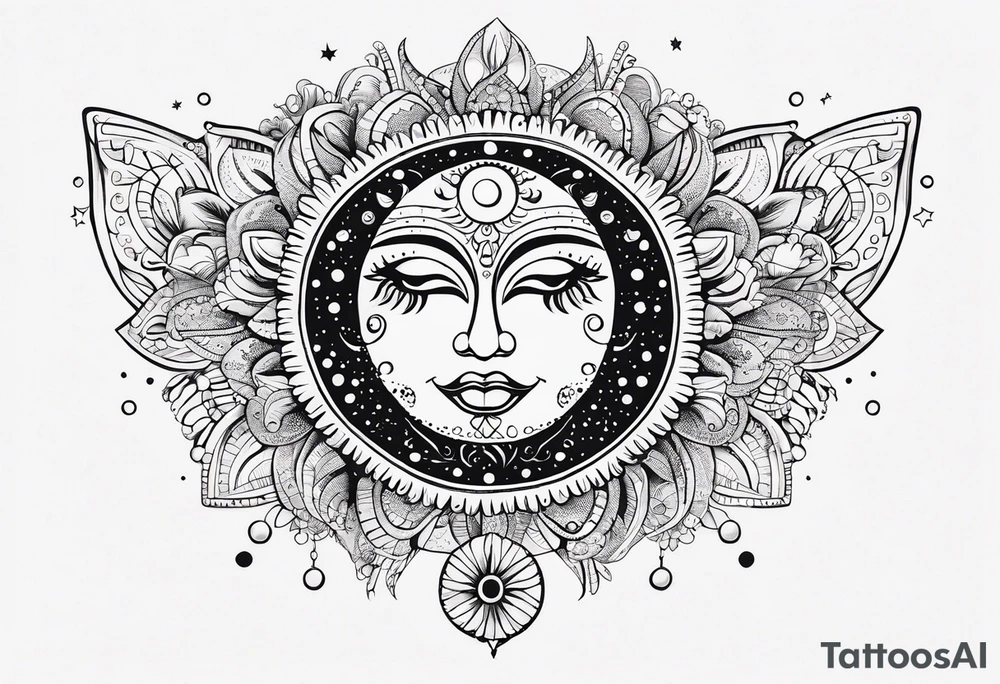 Mexican feminine alien Sun and moon. Freeform rectangular sternum swirls with dots and stars tattoo idea