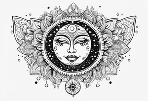 Mexican feminine alien Sun and moon. Freeform rectangular sternum swirls with dots and stars tattoo idea