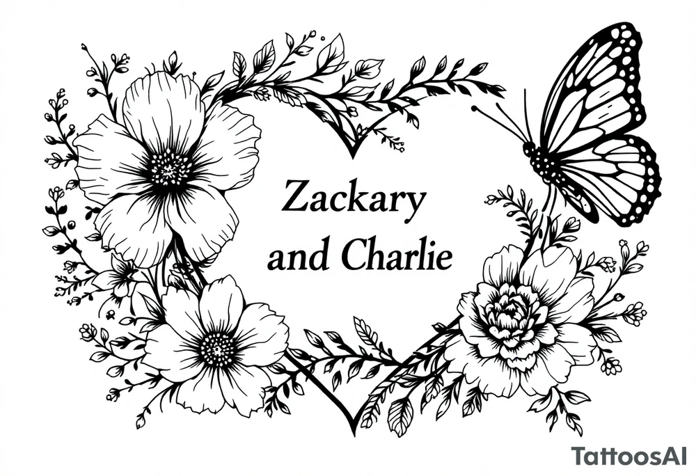flowers, heart and butterfly with name Zackary and Charlie tattoo idea