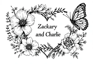 flowers, heart and butterfly with name Zackary and Charlie tattoo idea