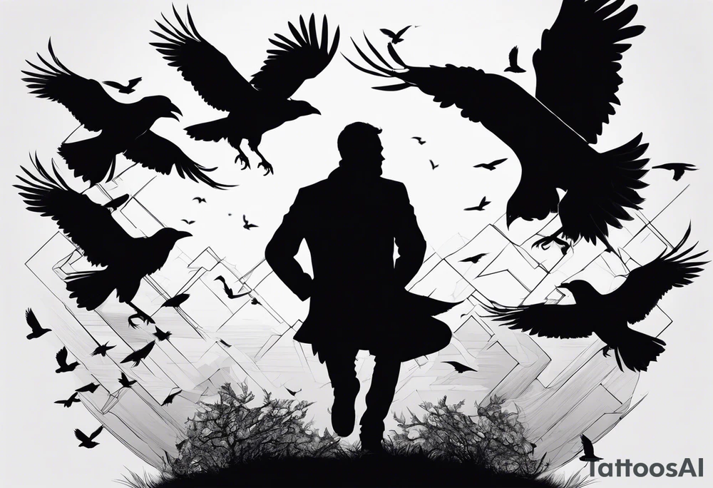 Silhouette of a man on his knees bent over with crows coming out his back like pieces of him flying away. tattoo idea