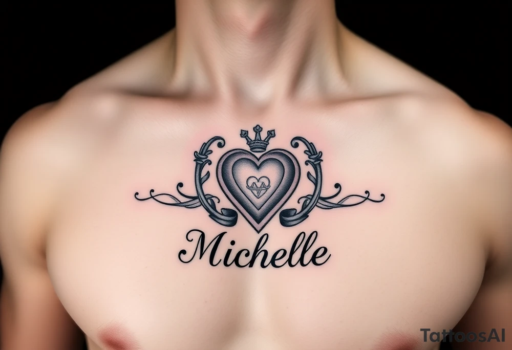 Design a tattoo for a man’s chest of a woman’s name (Michelle). Incorporate a subtle Irish Claddagh. Have the name Michelle below the heart tattoo idea