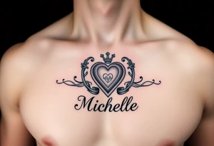 Design a tattoo for a man’s chest of a woman’s name (Michelle). Incorporate a subtle Irish Claddagh. Have the name Michelle below the heart tattoo idea