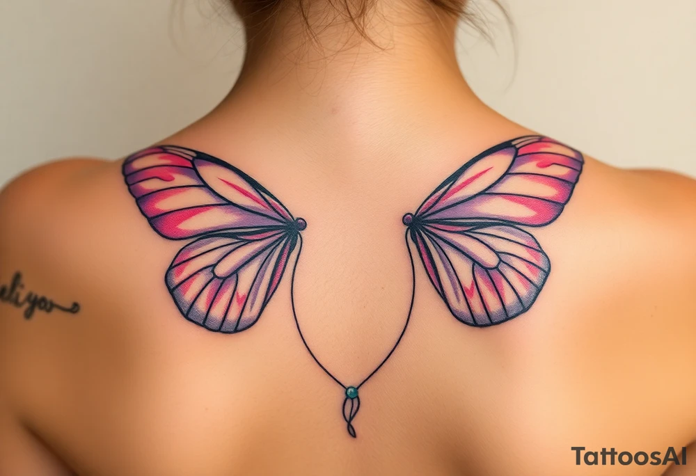 A dreamy portrait of a Virgo woman with delicate butterfly wings, in soft lavender, pink, and pearl white hue tattoo idea