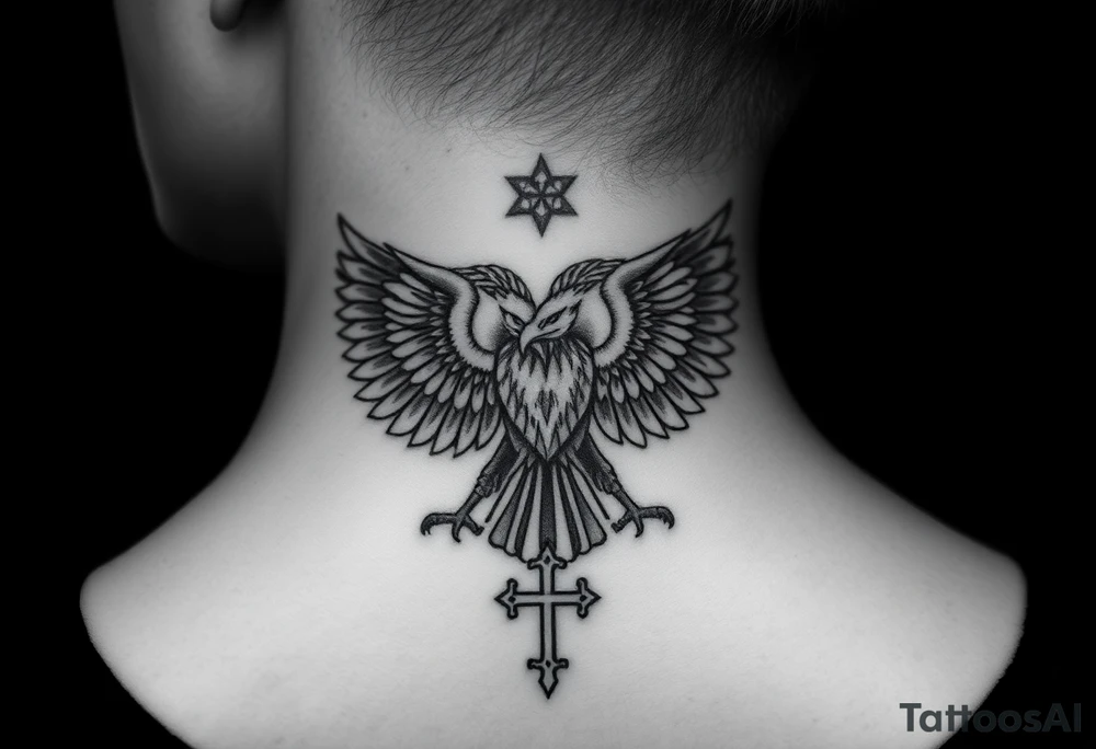 Double-headed eagle outline only (no shading) — suits neck skin which ages differently
Star above, small orthodox cross below tattoo idea