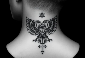 Double-headed eagle outline only (no shading) — suits neck skin which ages differently
Star above, small orthodox cross below tattoo idea