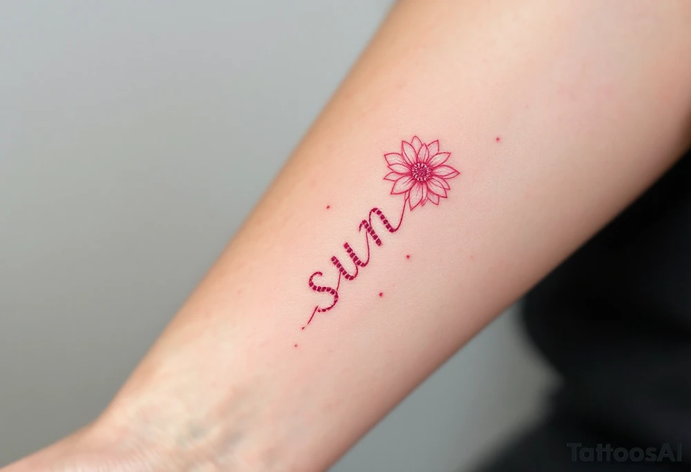 Word "Sun" written vertical with small sunflower in pink tattoo idea