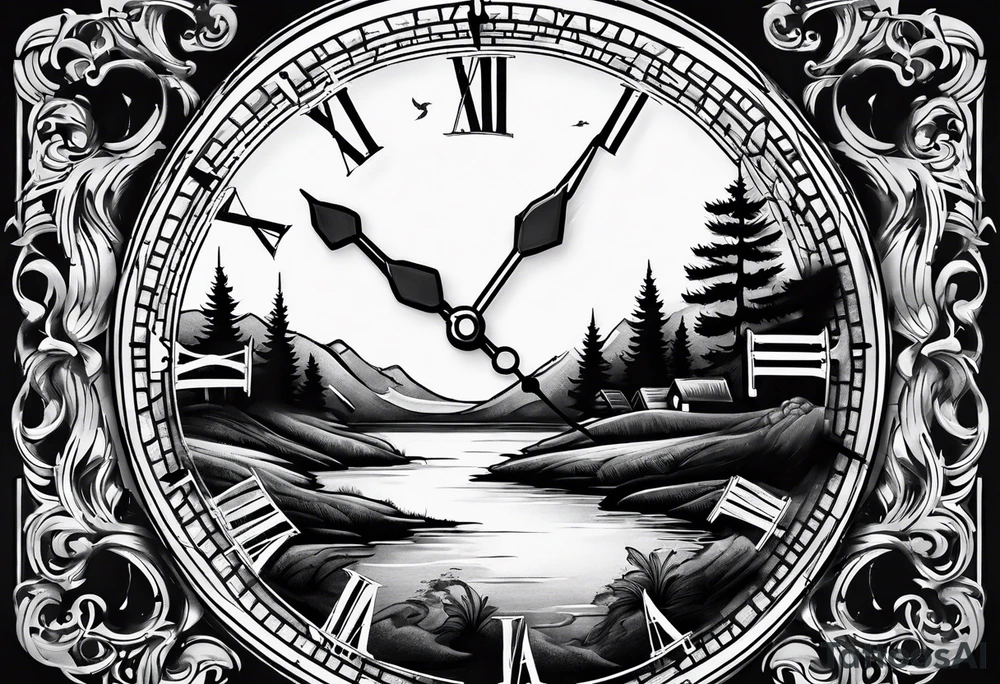 clock with landscape tattoo idea