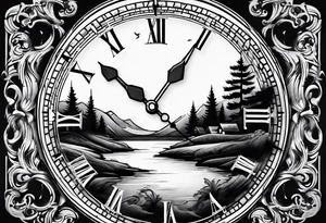 clock with landscape tattoo idea