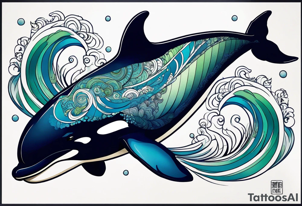 a killer whale with blues shades and light greens, very minimalistic and small tattoo idea