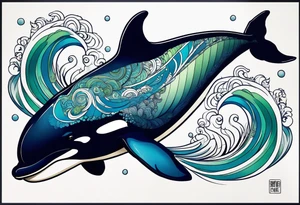 a killer whale with blues shades and light greens, very minimalistic and small tattoo idea