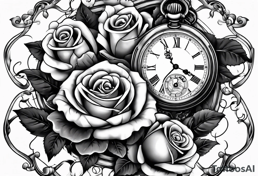 Pocket watch with chain and roses tattoo idea