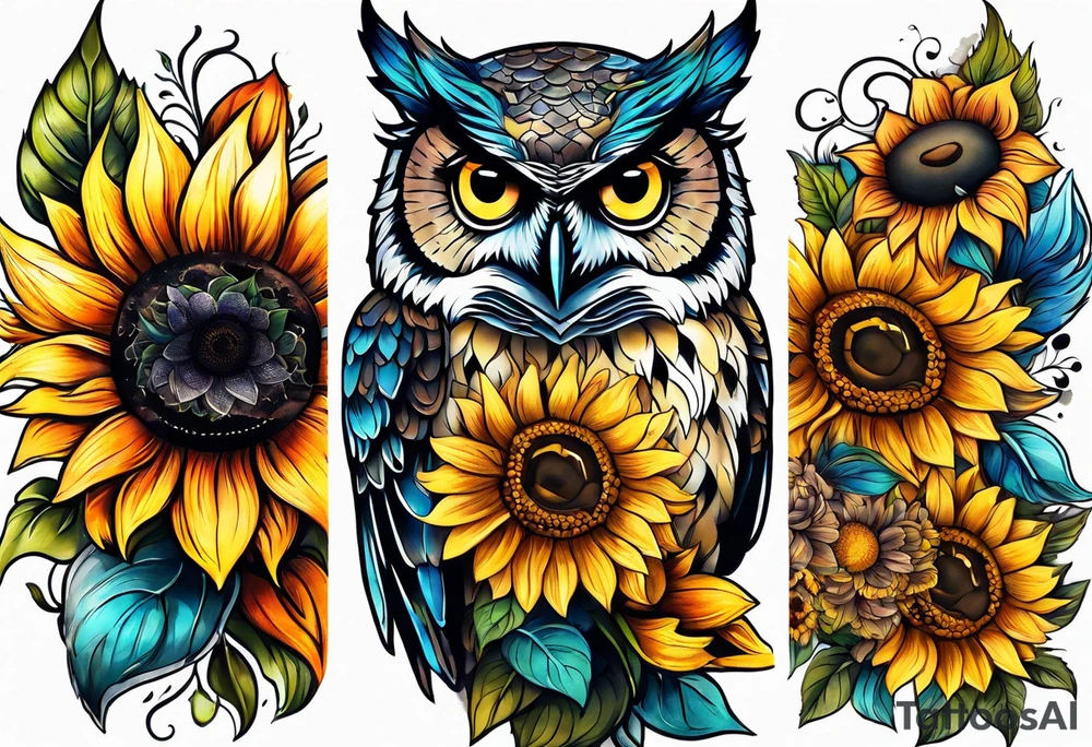 Leg sleeve with colorful sunflowers and an owl tattoo idea