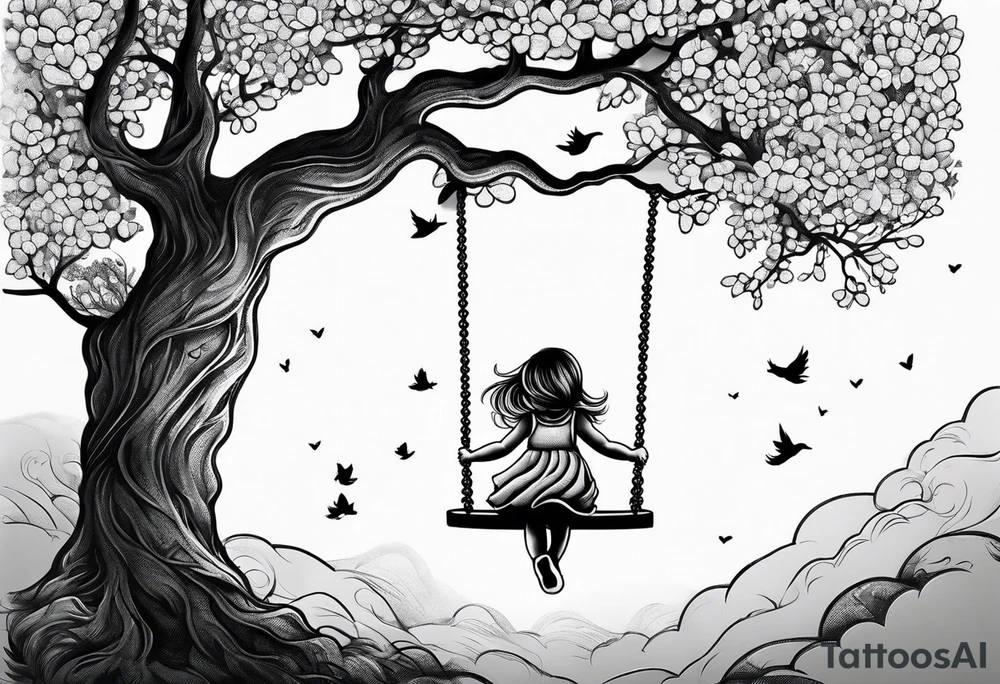 little girl swinging under a tree of life tattoo idea