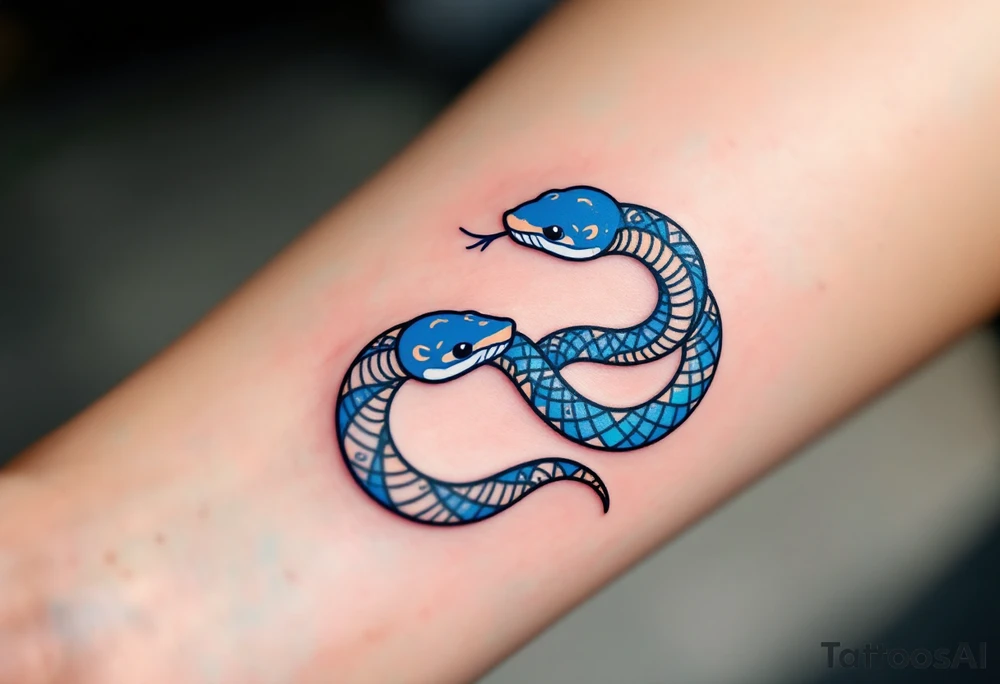 A minimalist twin snake design, one outlined in black and the other in electric blue, intertwined in a spiral. With word gemini tattoo idea