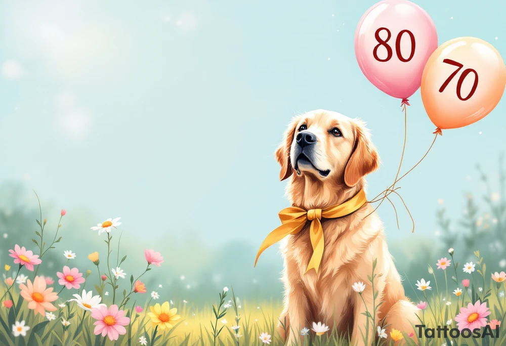 Imagine a golden retriever sitting in the middle of a blooming meadow, surrounded by soft sunlight and pastel-colored flowers. The dog has a large golden ribbon tied around its neck and cheerful balloons floating beside it, with the numbers "80" and "70" clearly displayed. Its expression is joyful and full of warmth. Above the scene, in elegant handwriting, a message reads:
“The entire Albi team warmly congratulates you on your life’s milestone!”
The overall style is soft, watercolor-inspired, perfect for a heartfelt greeting card filled with gentleness and gratitude. tattoo idea