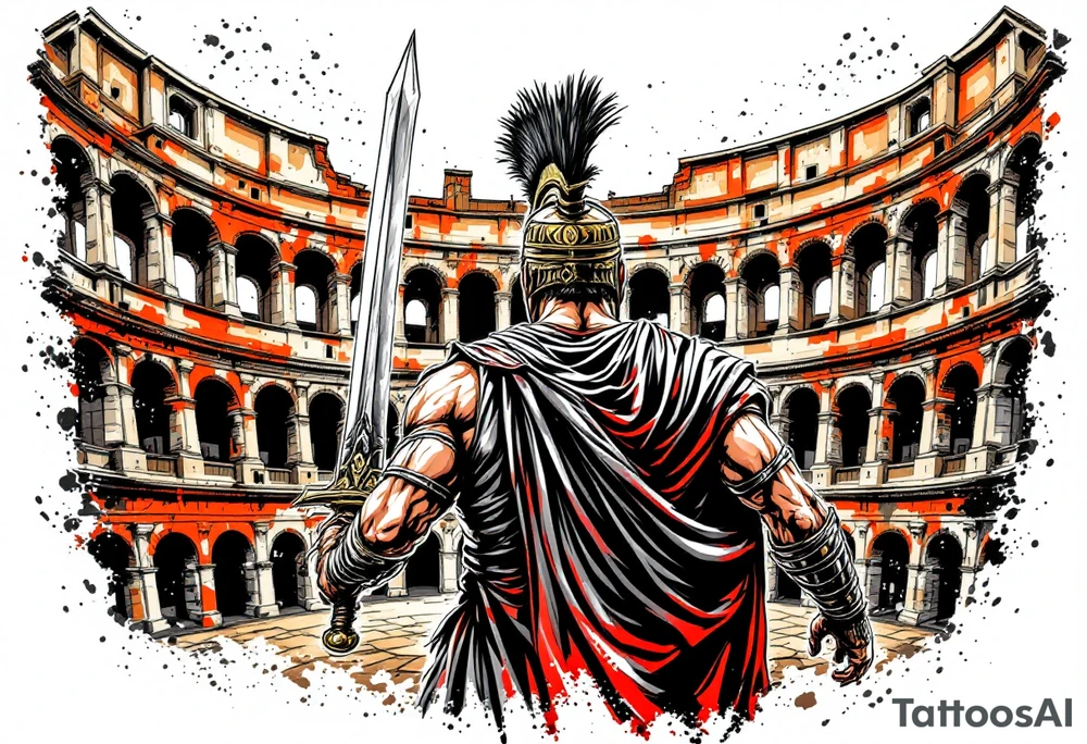 Roman gladiator from behind holding a broadsword in front of the Colliseum arena tattoo idea