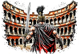 Roman gladiator from behind holding a broadsword in front of the Colliseum arena tattoo idea